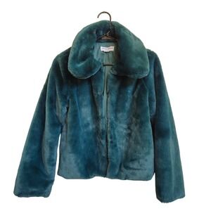 CHARLIE HOLIDAY Faux Fur Jacket Sz 2 Emerald Green Oversized Collar Luxe Holiday